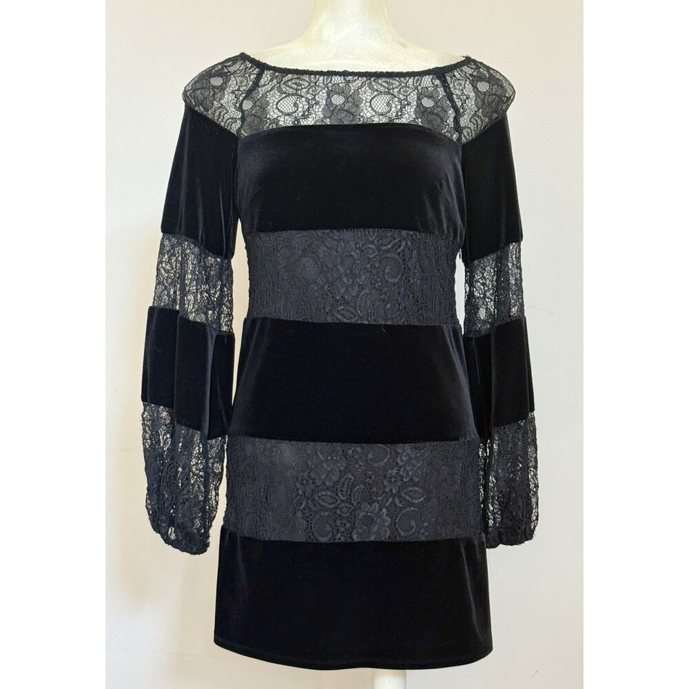 Laundry by Shelli Segal Bohemian Black Velvet and Sheer Lace Paneled Dress Sz 2
